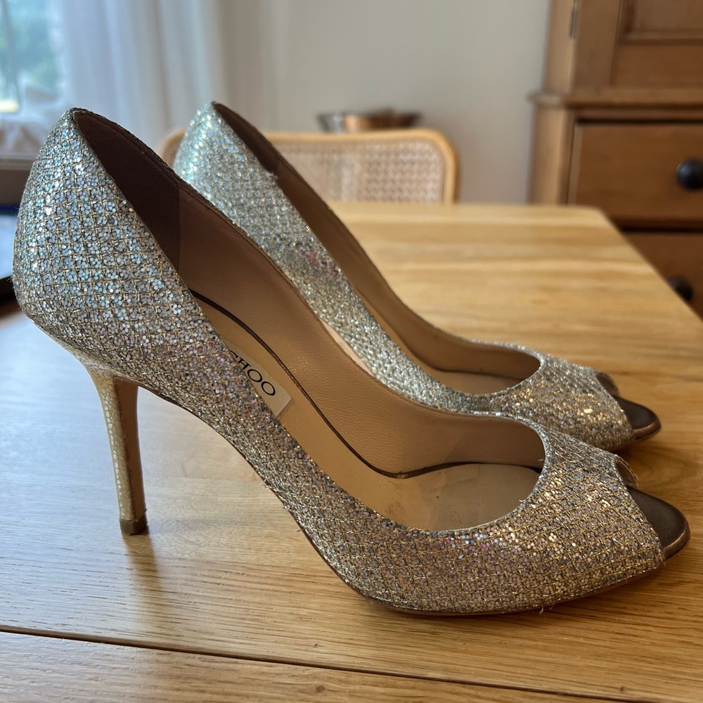 Jimmy Choo Silver Glitter Peep-Toe Heels